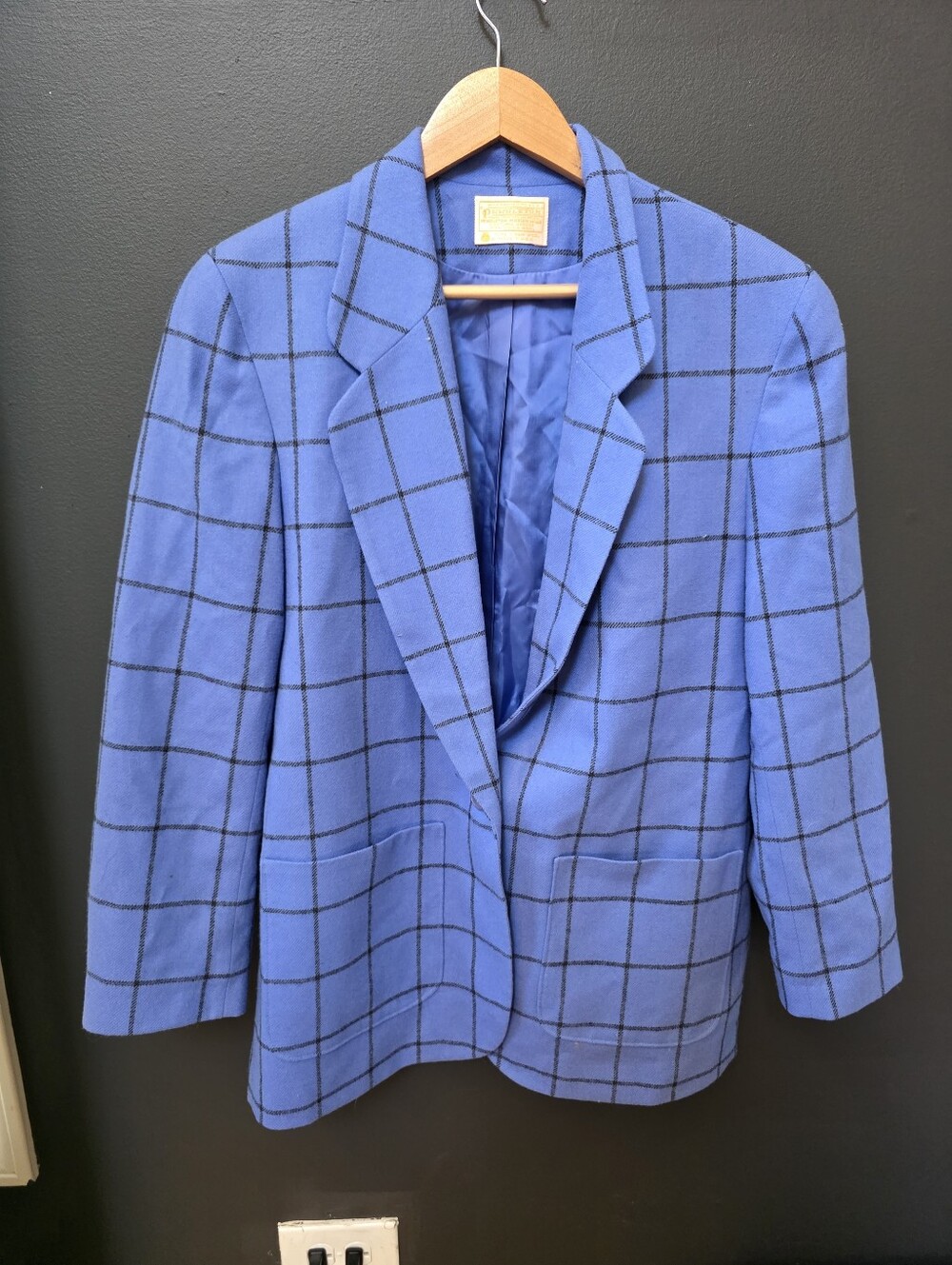 VTG Pendleton Periwinkle Windowpane Plaid Wool Blazer Size 12 Made in USA 90s 80